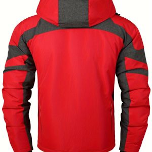 Men's Color Blocking Hooded Long Sleeve Jacket, Thickened Warm Skiing Mountaineering Winter Sports Coat For Autumn And Winter