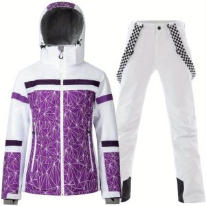 Women's Ski Jacket & Pants Set Windproof Waterproof Color-blocked Snowboarding Suit Zipper Design Snow Sports Suit