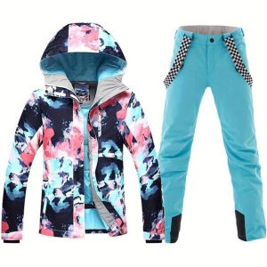 Women's Ski Jacket and Pants Set Windproof and Waterproof Colourful Warm Adjustable Snowboarding Suit Winter Snow Sports Wearable Loose Ski Jacket and Ski Pants