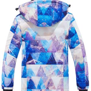 wantdo Women Waterproof Ski Jacket Winter Printing & Solid Color Casual Mountain Sport Outdoor Hiking Snow Coat Thick Multi-pocket Polyester Windproof Cold Warm Breathable Fleece Skiing Parka Removable Hood Long Sleeve Full-zip Snowboarding Raincoat