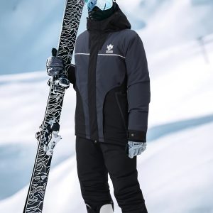 2pcs Men's Maple Leaf Pattern Hooded Long Sleeve Jacket + Bib Pants Co-ord Skiing Set, Warm Thick Winter Ski Sports Suit